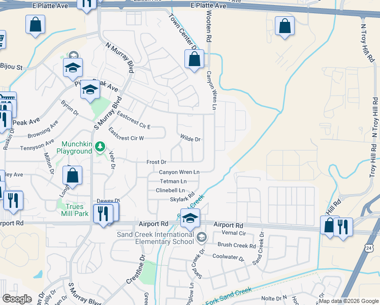 map of restaurants, bars, coffee shops, grocery stores, and more near 108 Henley Lane in Colorado Springs