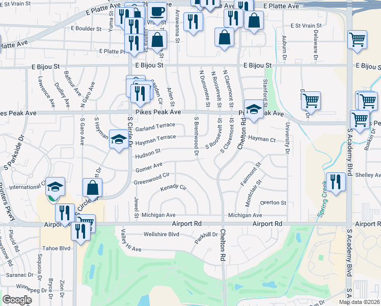 map of restaurants, bars, coffee shops, grocery stores, and more near 3122 Hudson Street in Colorado Springs