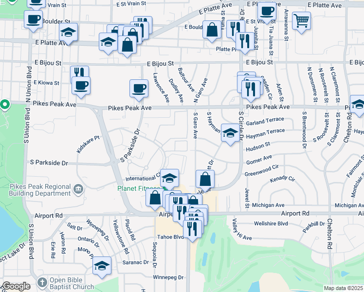 map of restaurants, bars, coffee shops, grocery stores, and more near 2573 East Pikes Peak Avenue in Colorado Springs
