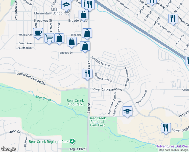 map of restaurants, bars, coffee shops, grocery stores, and more near 1586 South 21st Street in Colorado Springs