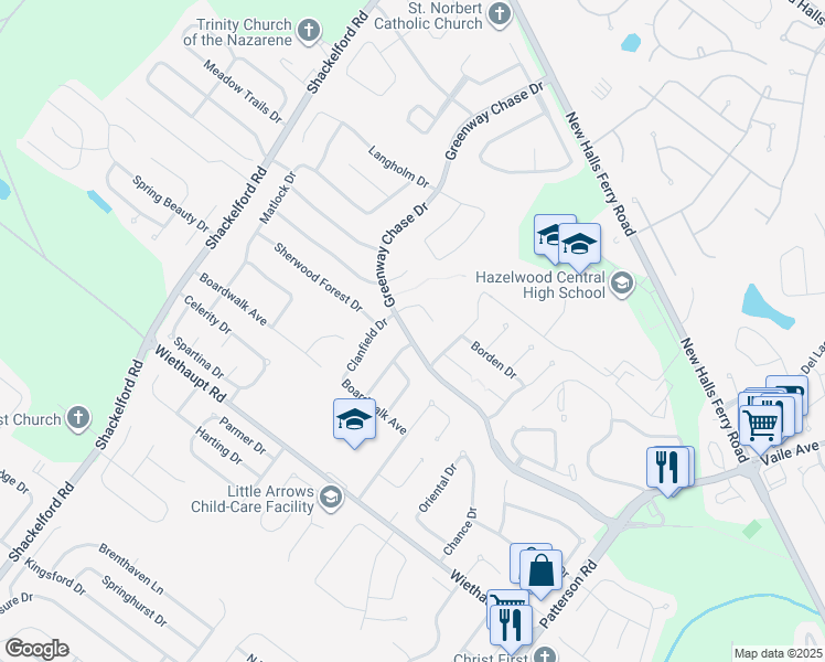 map of restaurants, bars, coffee shops, grocery stores, and more near 1272 Clanfield Drive in Florissant