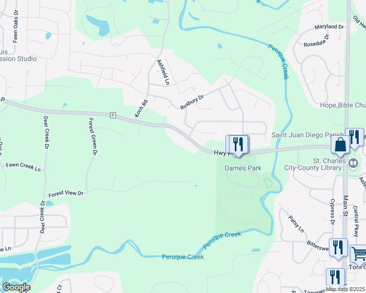 map of restaurants, bars, coffee shops, grocery stores, and more near 598 Highway P in O'Fallon