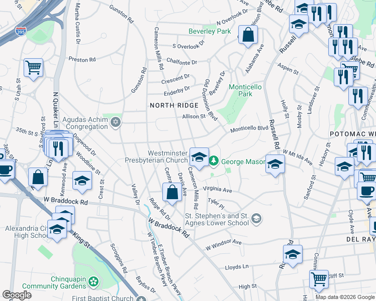 map of restaurants, bars, coffee shops, grocery stores, and more near 2801 Cameron Mills Road in Alexandria
