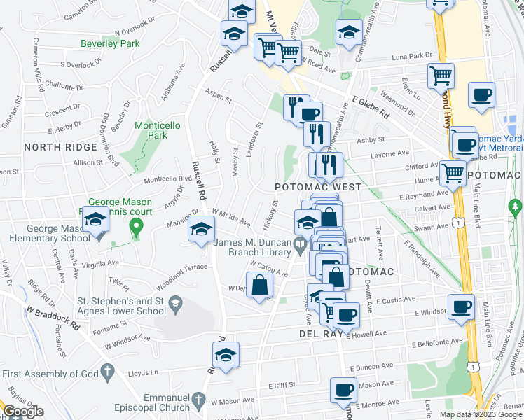 map of restaurants, bars, coffee shops, grocery stores, and more near 2719 Hemlock Avenue in Alexandria