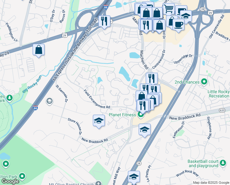 map of restaurants, bars, coffee shops, grocery stores, and more near 6243 Battalion Street in Centreville