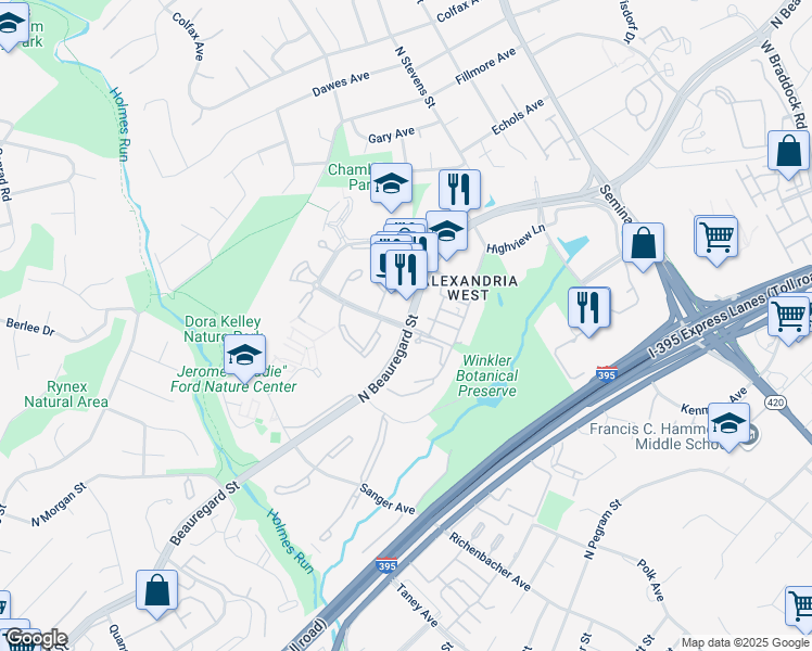 map of restaurants, bars, coffee shops, grocery stores, and more near N Beauregard St & Reading Ave in Alexandria