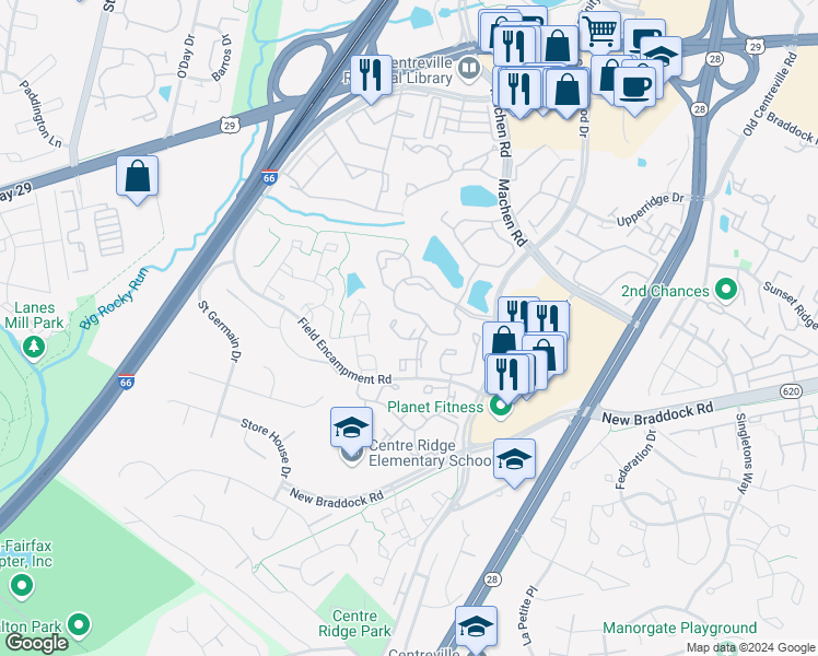 map of restaurants, bars, coffee shops, grocery stores, and more near 6243 Battalion Street in Centreville