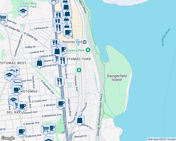 map of restaurants, bars, coffee shops, grocery stores, and more near 1846 Potomac Greens Drive in Alexandria