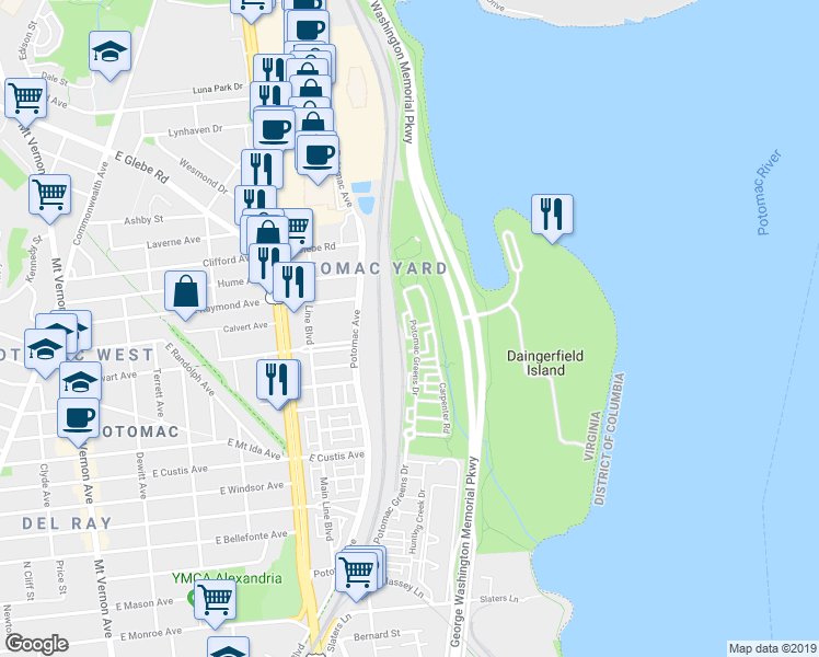map of restaurants, bars, coffee shops, grocery stores, and more near 1846 Potomac Greens Drive in Alexandria