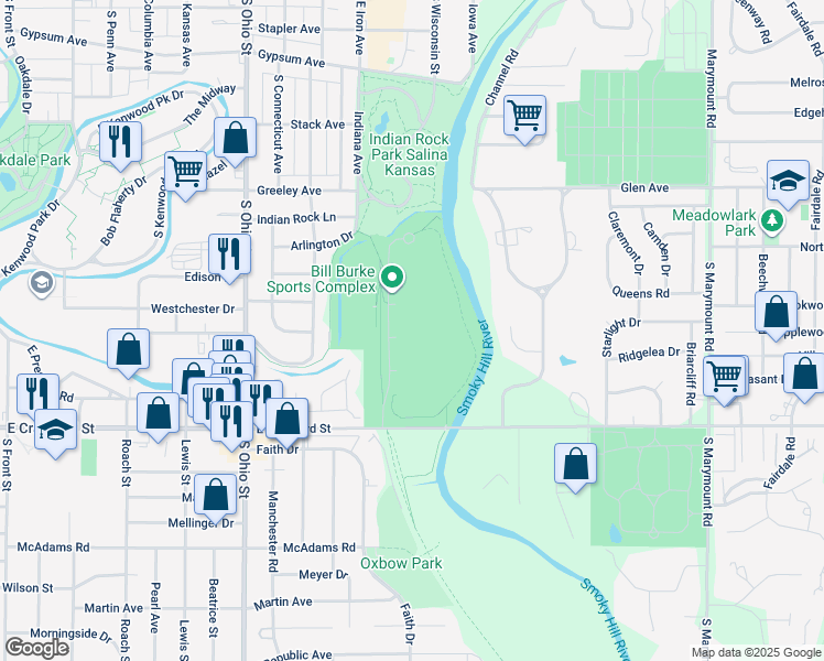 map of restaurants, bars, coffee shops, grocery stores, and more near 1501 East Crawford Street in Salina