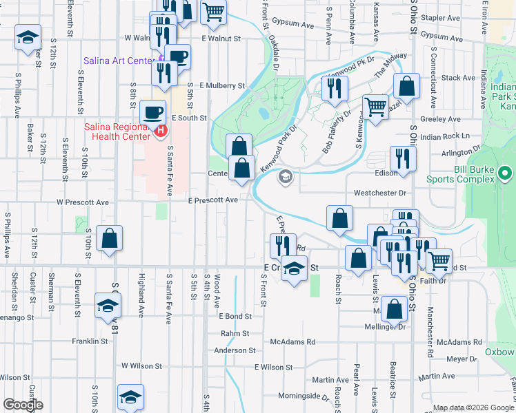 map of restaurants, bars, coffee shops, grocery stores, and more near 514 East Prescott Road in Salina