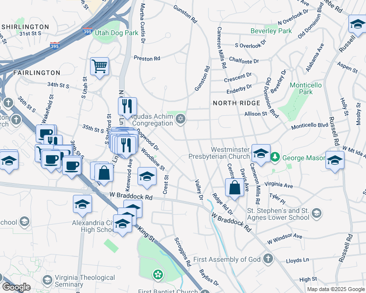 map of restaurants, bars, coffee shops, grocery stores, and more near 2808 Valley Drive in Alexandria