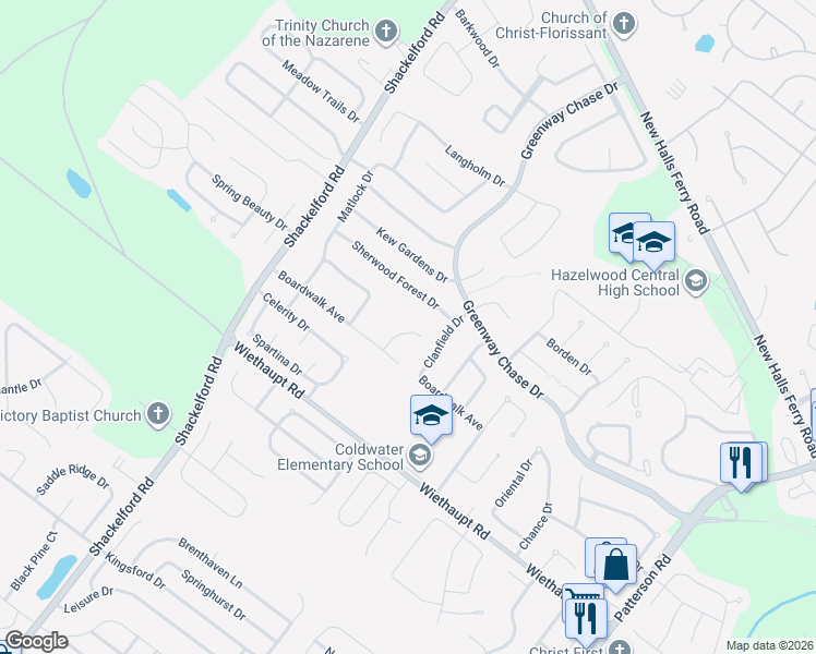 map of restaurants, bars, coffee shops, grocery stores, and more near 1453 Monopoly Drive in Florissant
