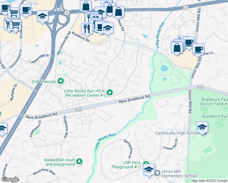 map of restaurants, bars, coffee shops, grocery stores, and more near 5940 Spruce Run Court in Centreville