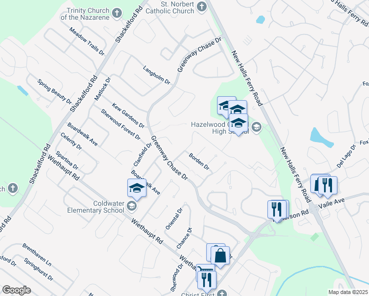 map of restaurants, bars, coffee shops, grocery stores, and more near 3205 Chicory Creek Lane in Florissant