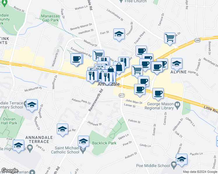 map of restaurants, bars, coffee shops, grocery stores, and more near 7233 Little River Turnpike in Annandale