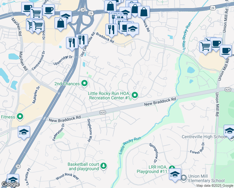 map of restaurants, bars, coffee shops, grocery stores, and more near 6091 Clay Spur Court in Centreville