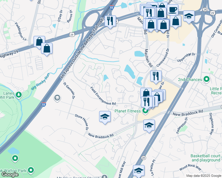 map of restaurants, bars, coffee shops, grocery stores, and more near 14233 Glade Spring Drive in Centreville