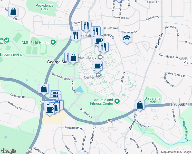 map of restaurants, bars, coffee shops, grocery stores, and more near 4400 University Drive in Fairfax