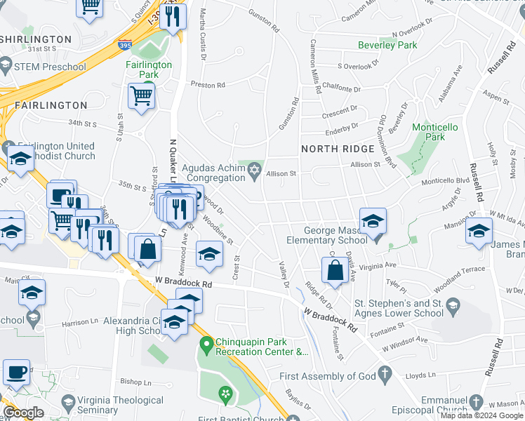 map of restaurants, bars, coffee shops, grocery stores, and more near 2808 Valley Drive in Alexandria