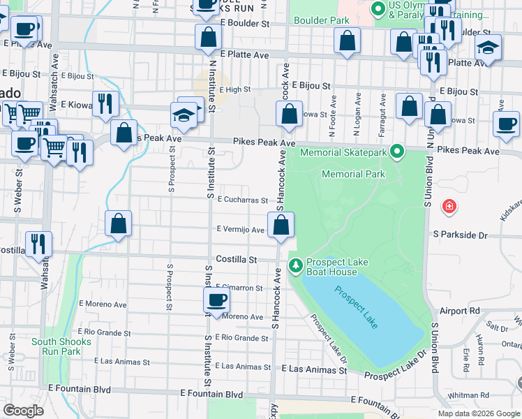 map of restaurants, bars, coffee shops, grocery stores, and more near 1015 East Cucharras Street in Colorado Springs