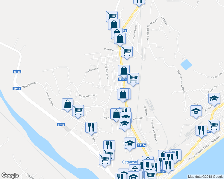 map of restaurants, bars, coffee shops, grocery stores, and more near Via Formia in Catanzaro