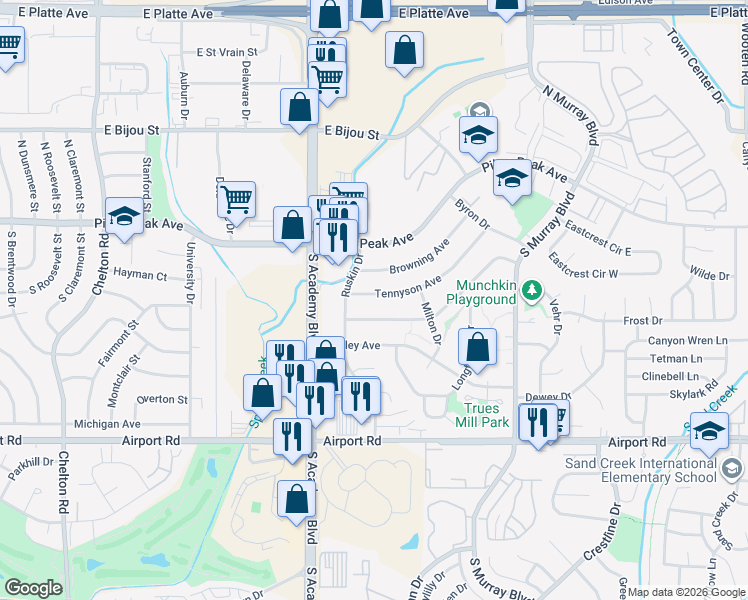 map of restaurants, bars, coffee shops, grocery stores, and more near 4002 Tennyson Avenue in Colorado Springs