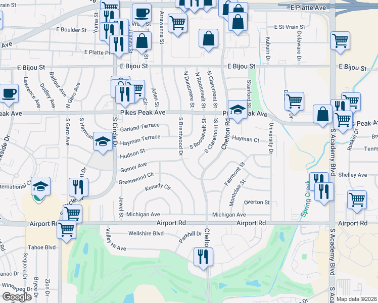 map of restaurants, bars, coffee shops, grocery stores, and more near 49 South Roosevelt Street in Colorado Springs