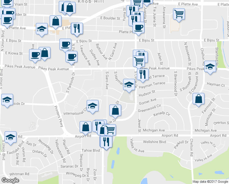 map of restaurants, bars, coffee shops, grocery stores, and more near 2607 Weir Avenue in Colorado Springs