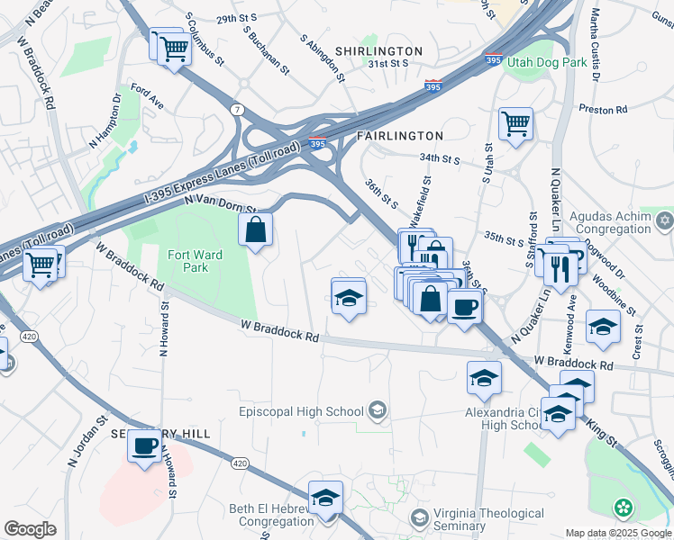 map of restaurants, bars, coffee shops, grocery stores, and more near 3836 Jay Avenue in Alexandria