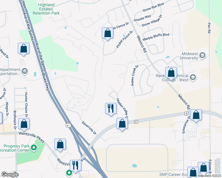 map of restaurants, bars, coffee shops, grocery stores, and more near 1181 Evergreen Court in Wentzville