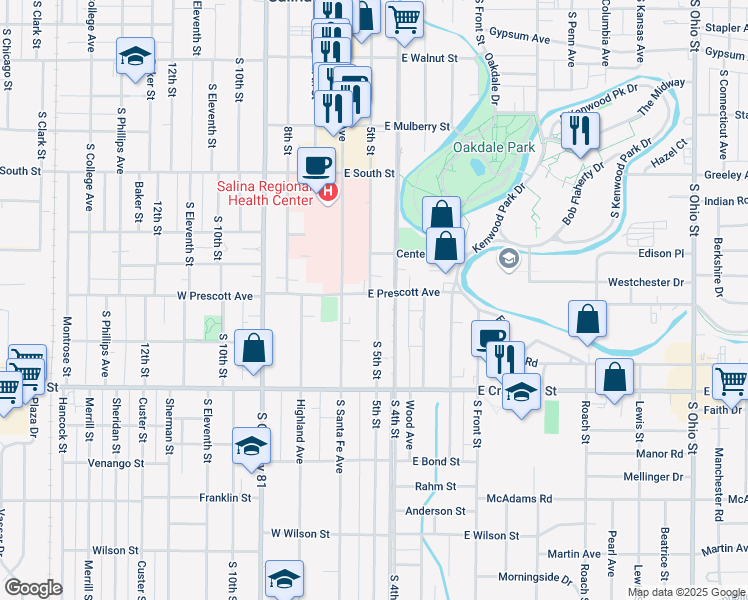 map of restaurants, bars, coffee shops, grocery stores, and more near 117 East Prescott Avenue in Salina
