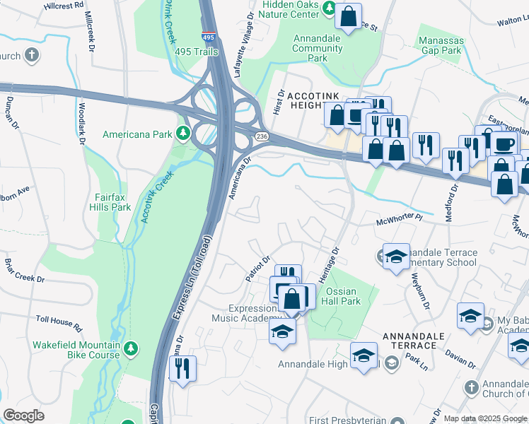 map of restaurants, bars, coffee shops, grocery stores, and more near 4335 Americana Drive in Annandale