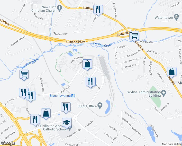 map of restaurants, bars, coffee shops, grocery stores, and more near 4305 Midtown Sq. in Camp Springs