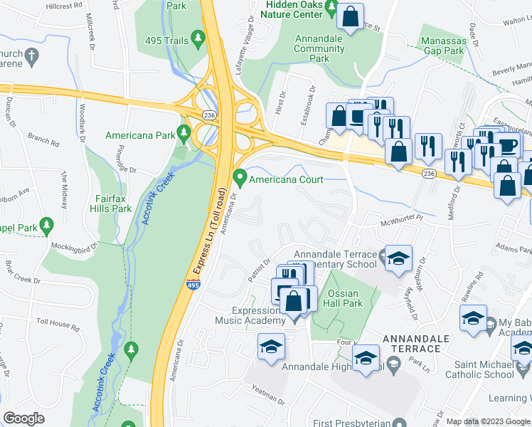 map of restaurants, bars, coffee shops, grocery stores, and more near 4335 Americana Drive in Annandale