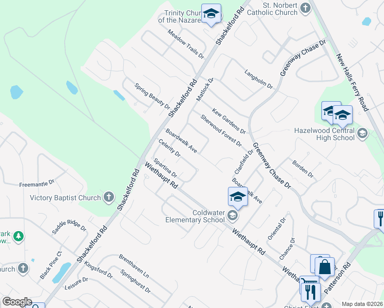 map of restaurants, bars, coffee shops, grocery stores, and more near 1609 Boardwalk Avenue in Florissant