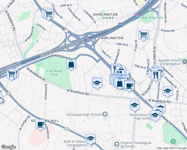 map of restaurants, bars, coffee shops, grocery stores, and more near 3836 Jay Avenue in Alexandria