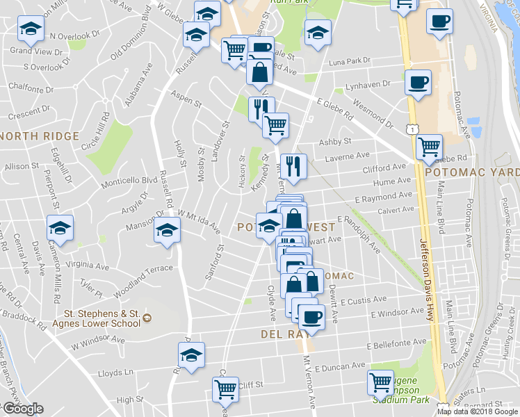 map of restaurants, bars, coffee shops, grocery stores, and more near 22 Ancell Street in Alexandria