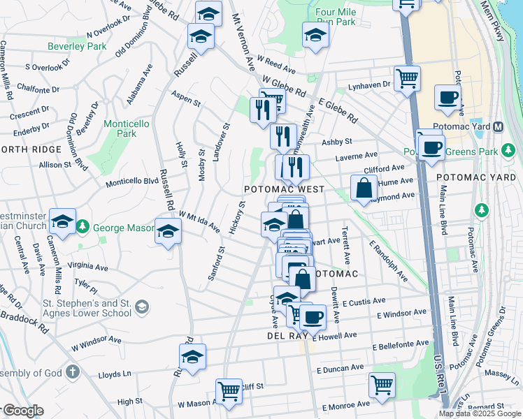 map of restaurants, bars, coffee shops, grocery stores, and more near 22 Ancell Street in Alexandria