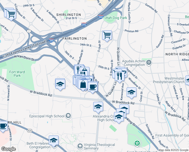 map of restaurants, bars, coffee shops, grocery stores, and more near 4341 36th Street South in Arlington