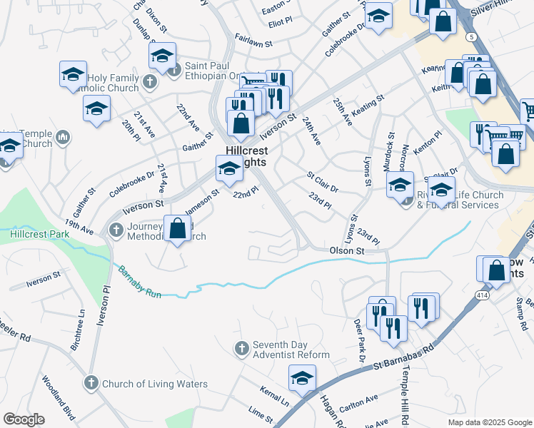 map of restaurants, bars, coffee shops, grocery stores, and more near 4301 23rd Parkway in Temple Hills