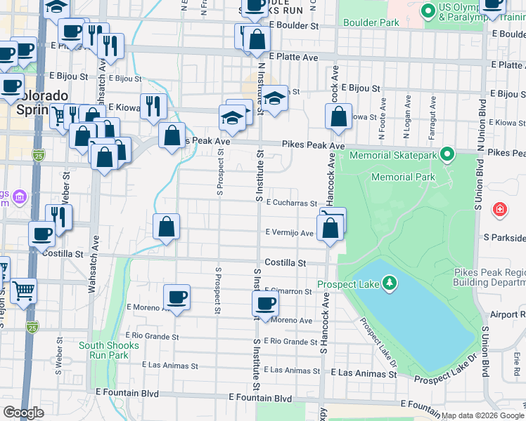 map of restaurants, bars, coffee shops, grocery stores, and more near 901 E Cucharras St in Colorado Springs