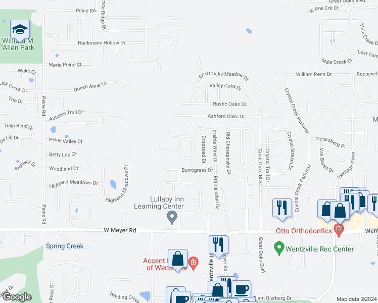 map of restaurants, bars, coffee shops, grocery stores, and more near 573 Prairie Wind Drive in Wentzville