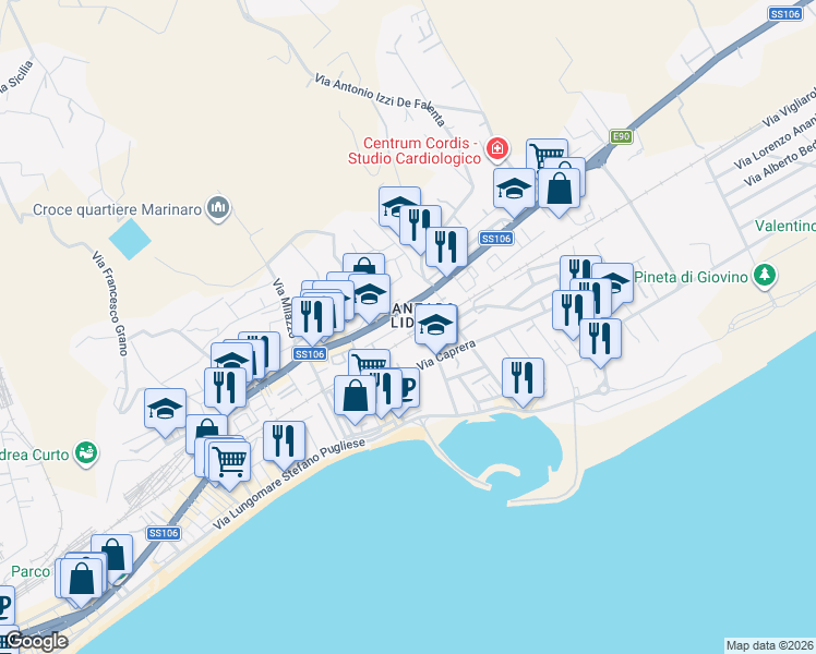 map of restaurants, bars, coffee shops, grocery stores, and more near in Catanzaro Lido