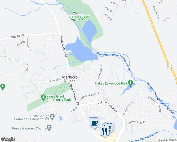 map of restaurants, bars, coffee shops, grocery stores, and more near 14005 Lord Marlborough Place in Upper Marlboro