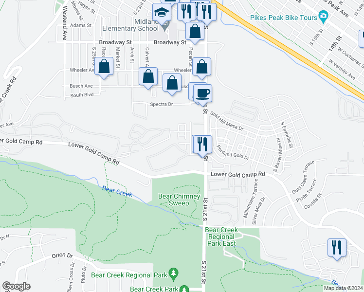 map of restaurants, bars, coffee shops, grocery stores, and more near 2445 Wheaton Drive in Colorado Springs