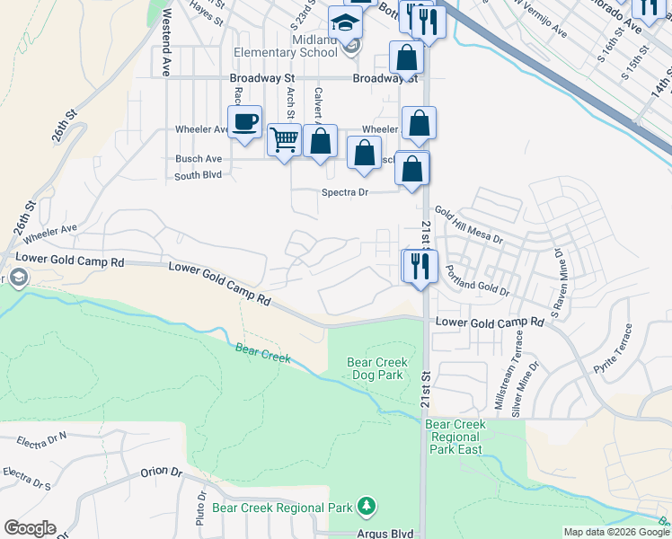 map of restaurants, bars, coffee shops, grocery stores, and more near 2502 Wheaton Drive in Colorado Springs
