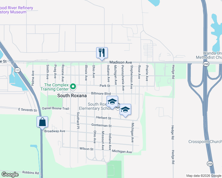 map of restaurants, bars, coffee shops, grocery stores, and more near 301 Michigan Avenue in South Roxana