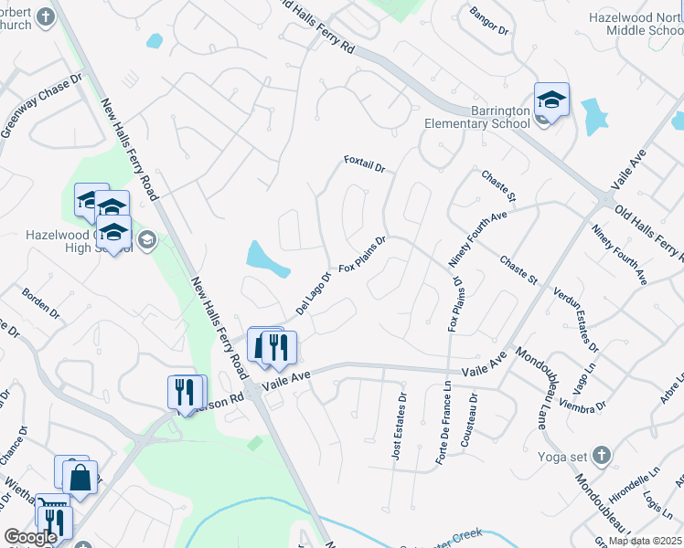 map of restaurants, bars, coffee shops, grocery stores, and more near 699 Fox Plains Drive in Florissant
