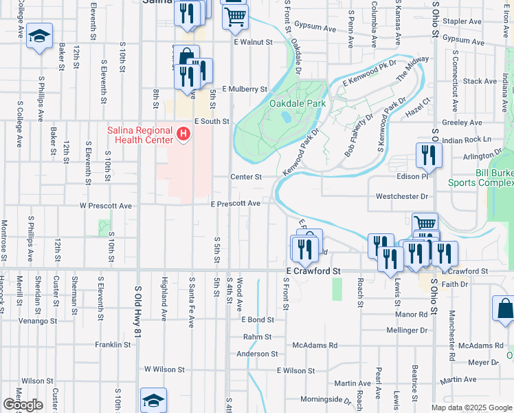 map of restaurants, bars, coffee shops, grocery stores, and more near 415 E Prescott Ave in Salina